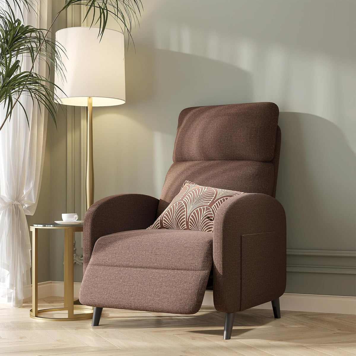 Softa Recliner Chair for Adults, Adjustable Fabric Reclining Armchair with Side Pockets and Extended Footrest, Small Push Back Single Sofa Recliner for Living Room, Home Theater Seating (Brown)(Brown,Recliner)
